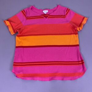 Avenue T-Shirt Womens Plus Size 18/20 Pink Orange Striped Ribbed Knit Split Neck